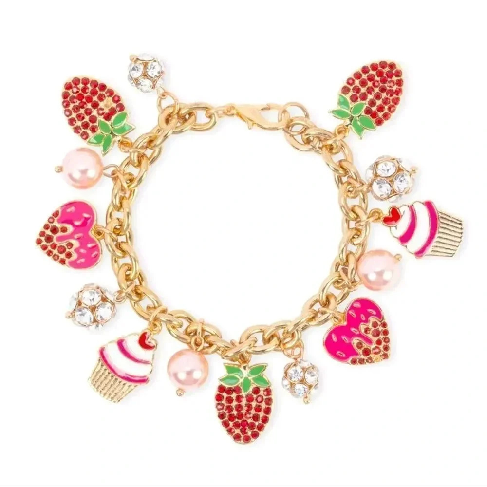 Charming Gold and Pink Bracelet with Cupcake and Strawberry Charms